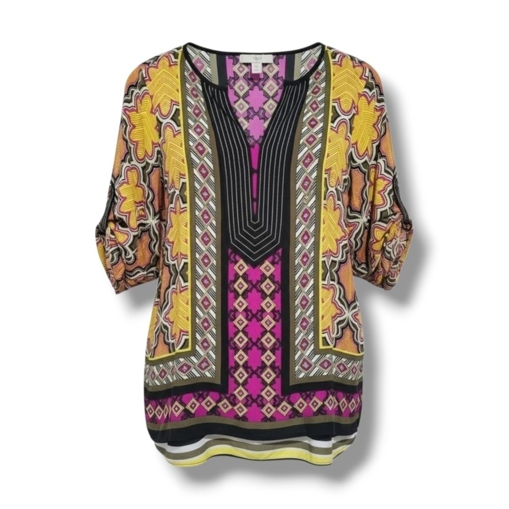 Dana Buchman Women’s Multicolor Batik Print Tunic Blouse Small | Boho Chic